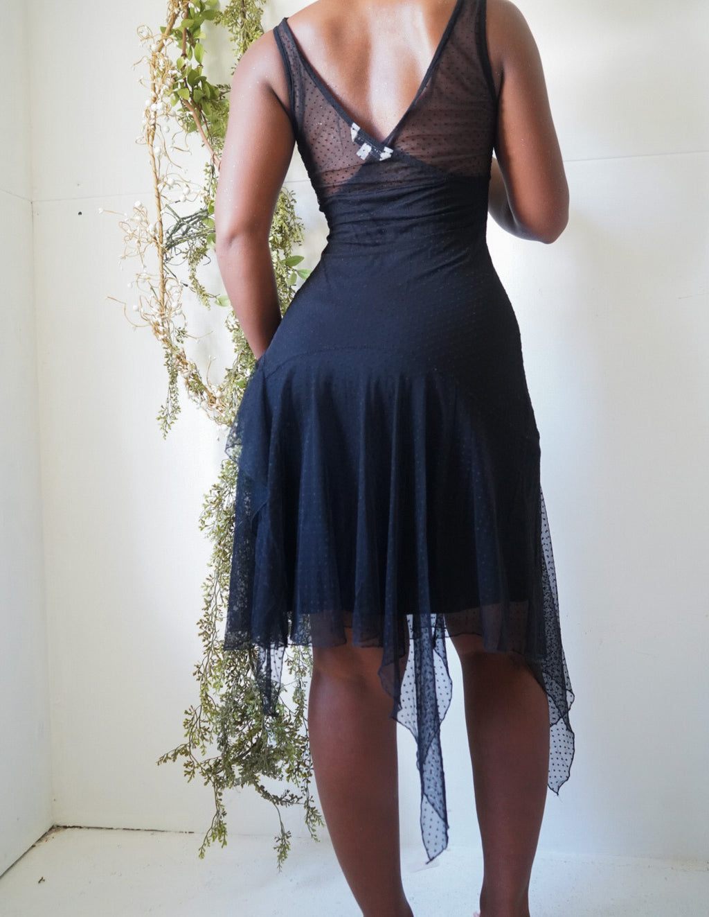 Y2K Black Swiss Dot Lace Fairy Hem Dress