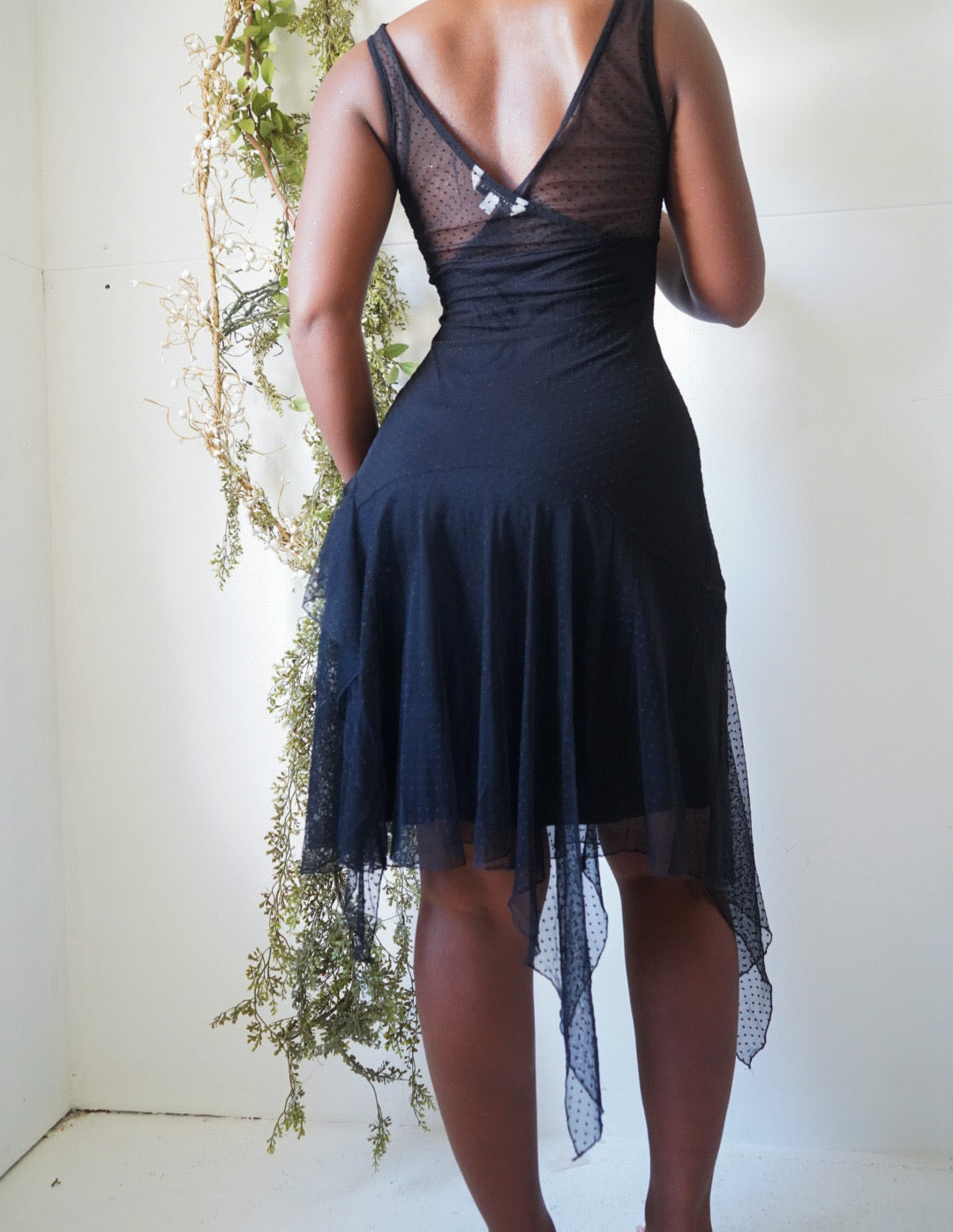Y2K Black Swiss Dot Lace Fairy Hem Dress