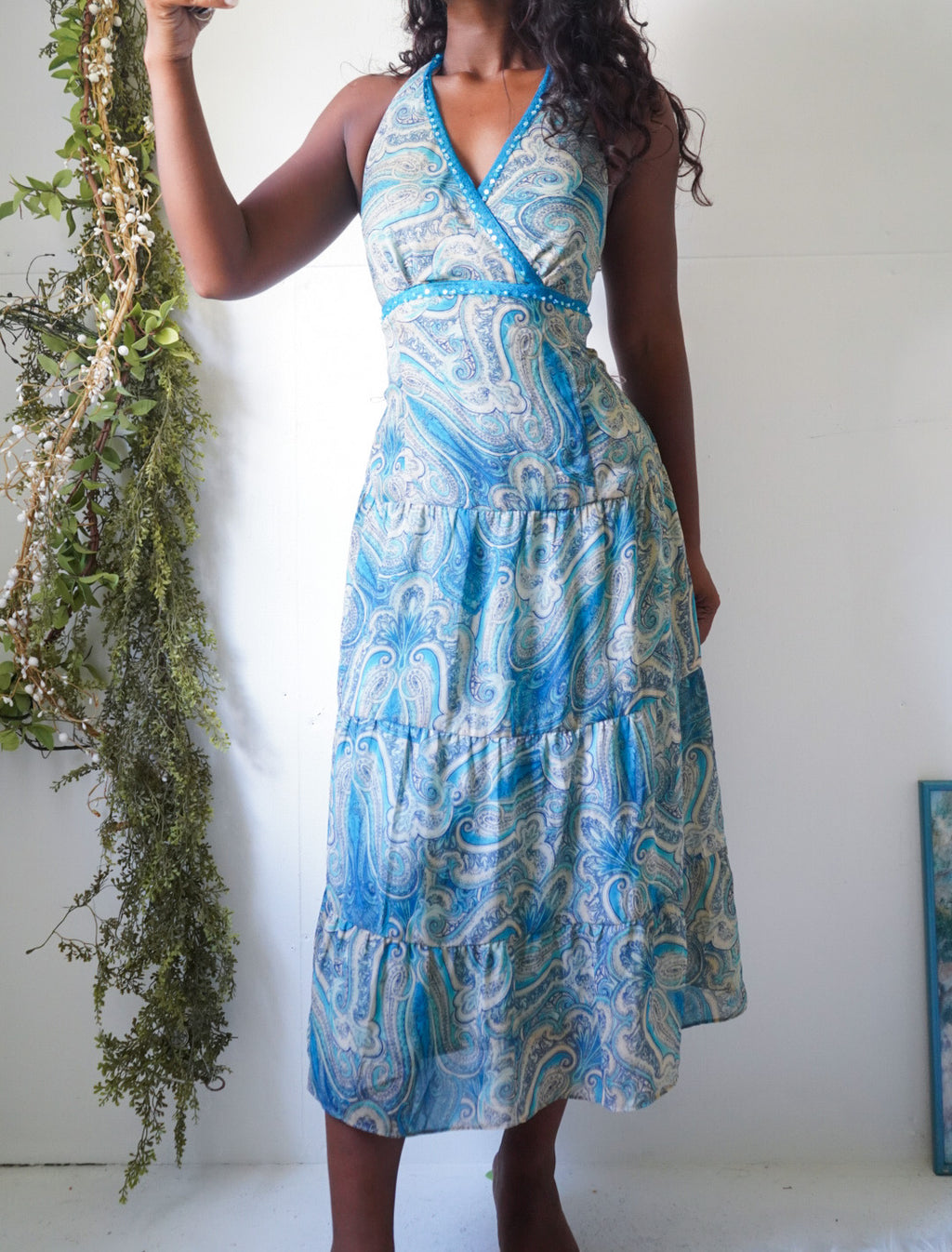 Y2K Blue Paisley Boho Halter Dress