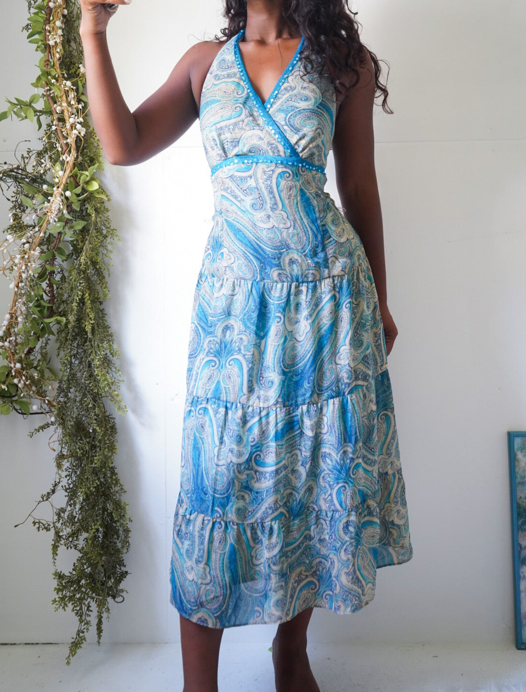 Y2K Blue Paisley Boho Halter Dress