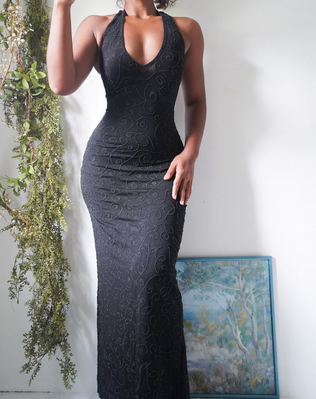 Y2K Beaded Black Halter Gown