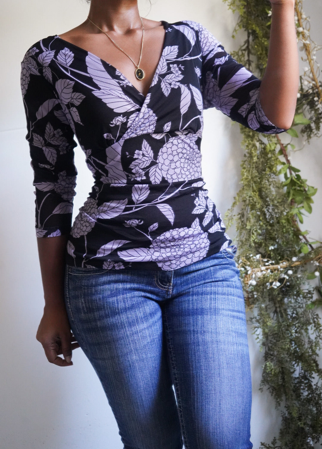 Y2K Purple and Black Floral Crossover Mesh Top