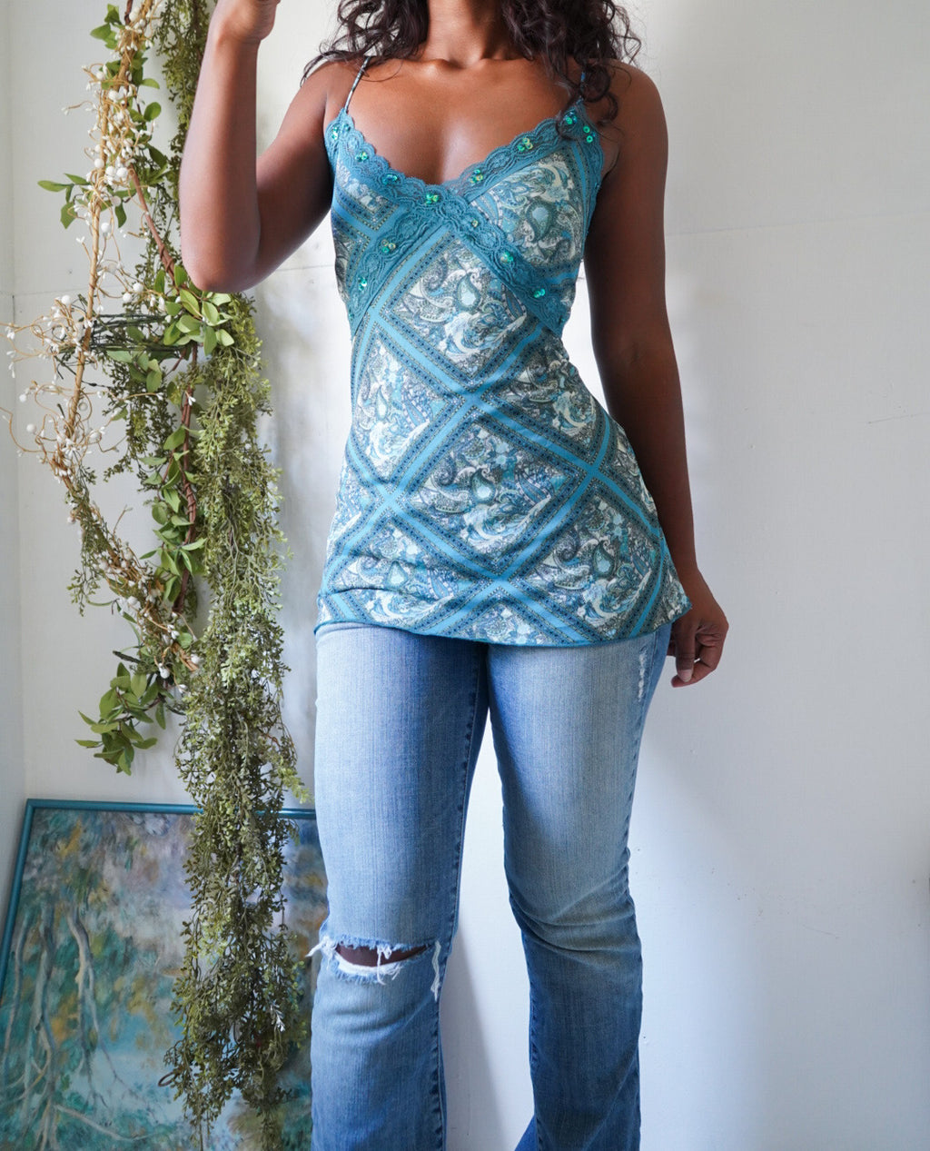 Y2K Blue Paisley Lace Trim Cami
