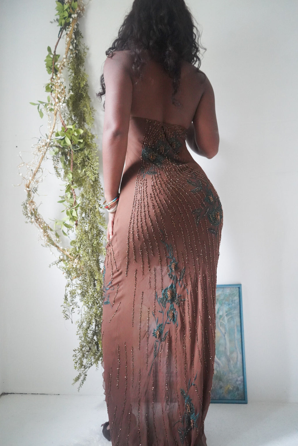 Y2K Brown Silk Beaded Halter Gown