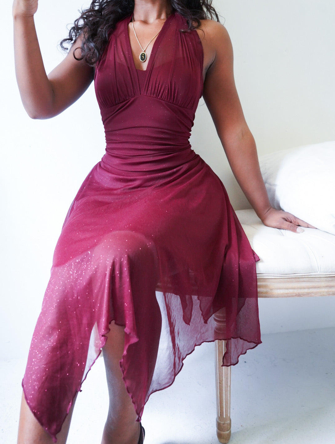 Y2K Wine Glitter Fairy Halter Dress