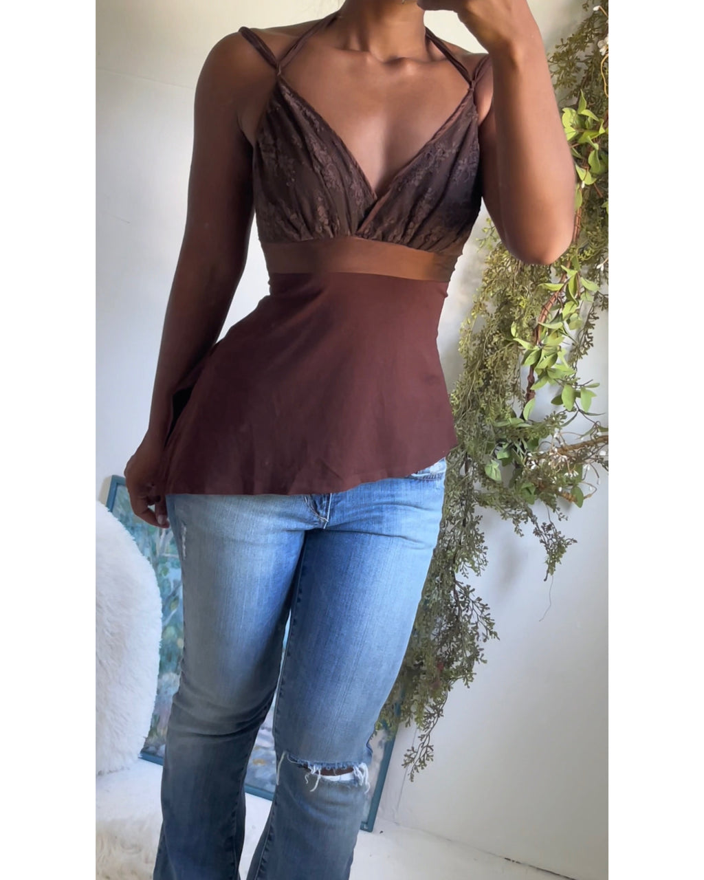 Y2K Brown Fairy Lace Detail Tie Back Top