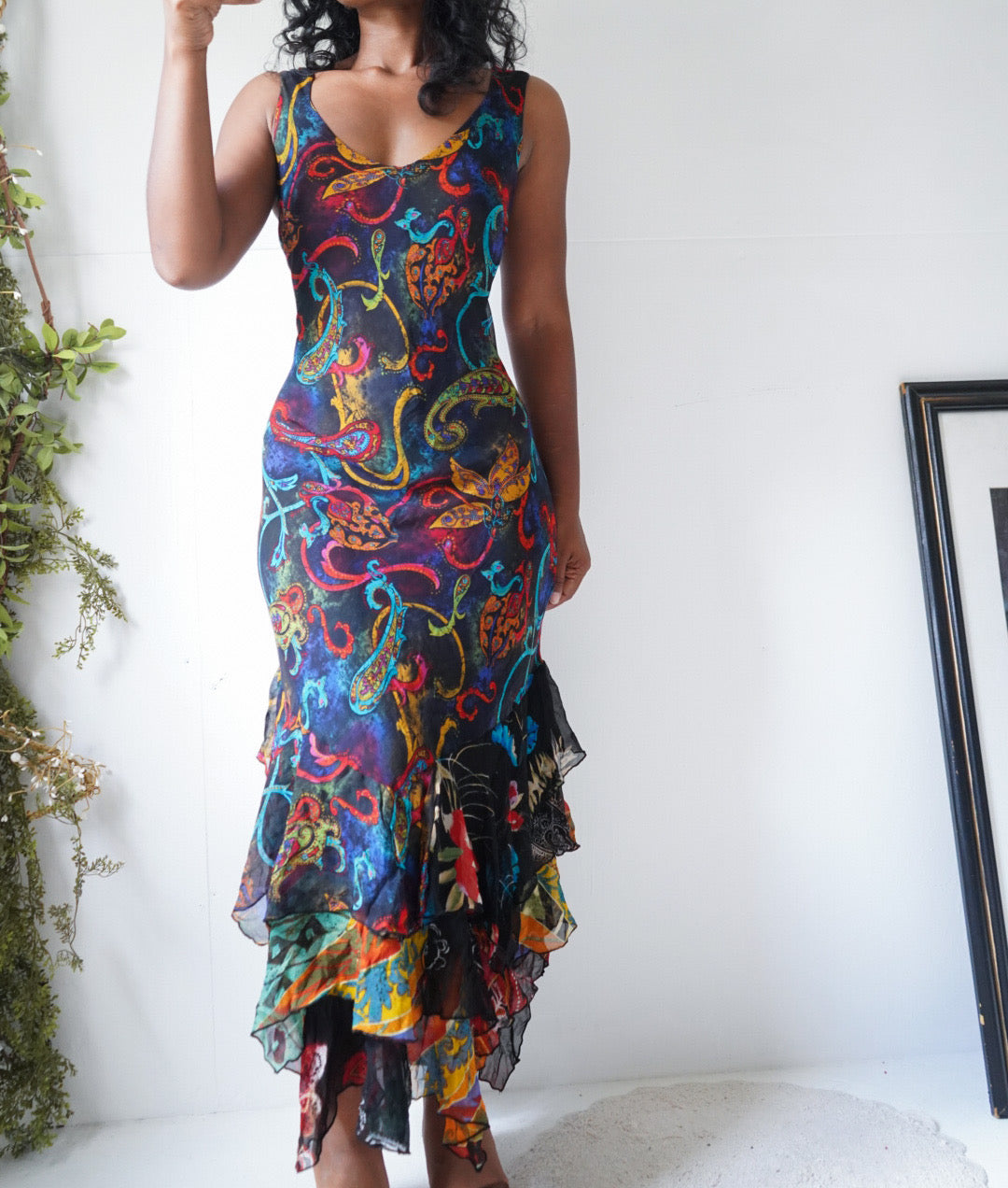 Y2K Silk Colorful Paisley Ruffle Hem Dress