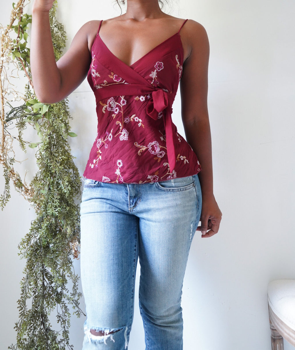 Y2K Red Embroidered Tie Back Cami