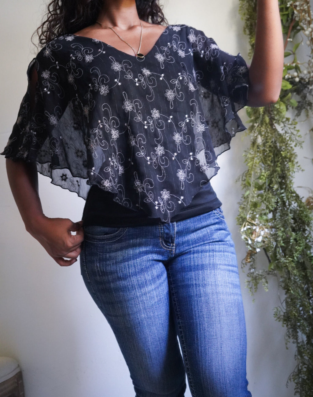 Y2K Black Sequin Detail Poncho Top