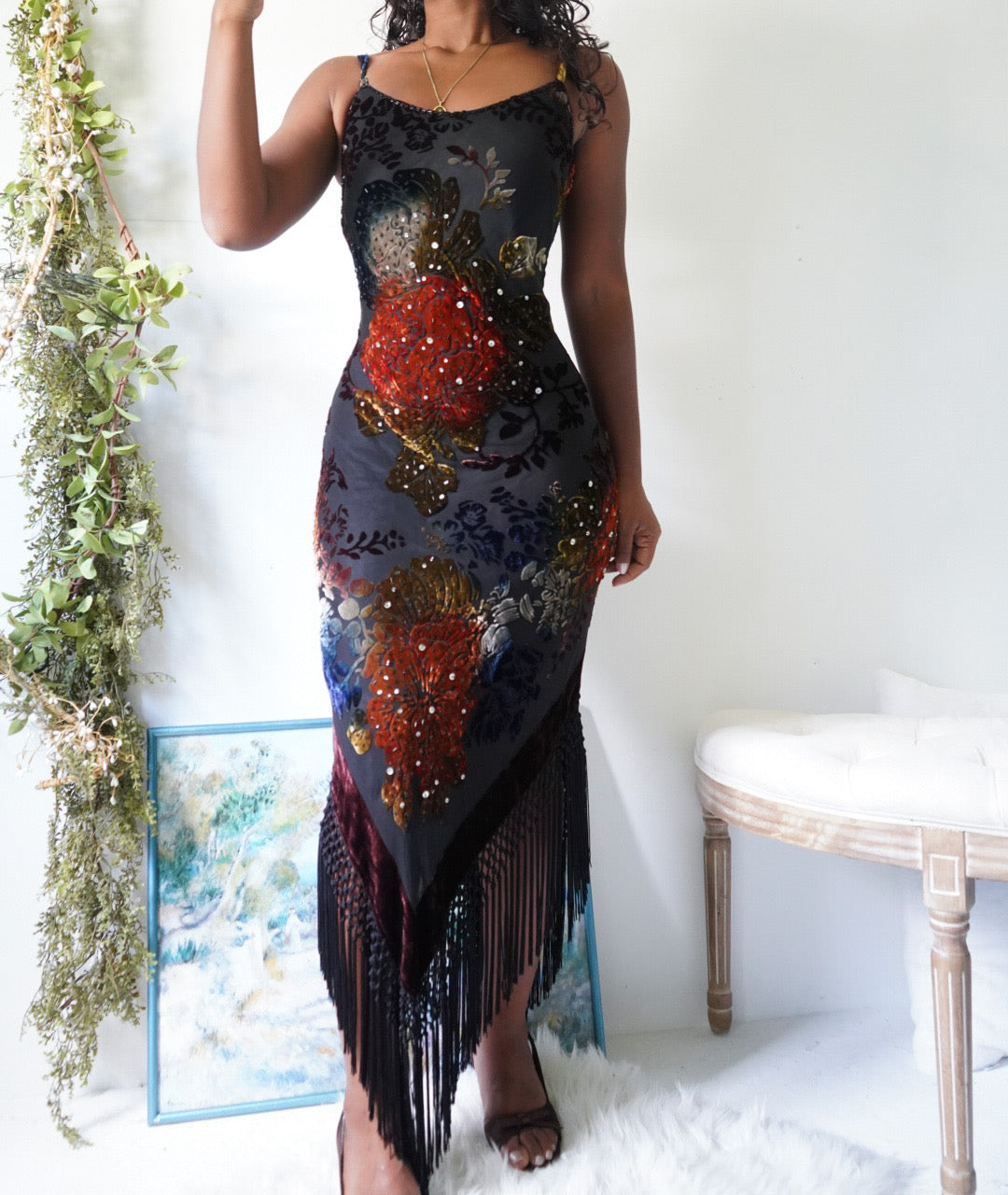 Rare Vintage Y2K Silk Velvet Burnout Fringe Hem Dress