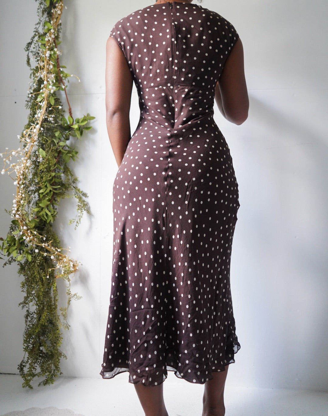 Vintage Y2K Brown Silk Polka Dot Dress