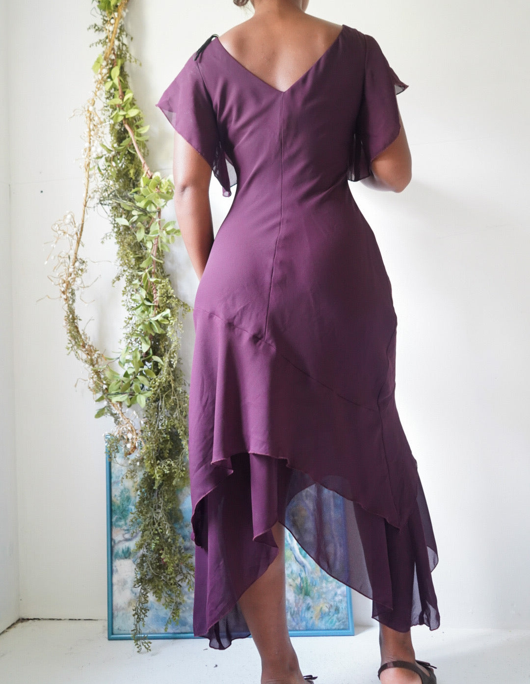 Y2K Purple Ruffle Hem Midi Dress