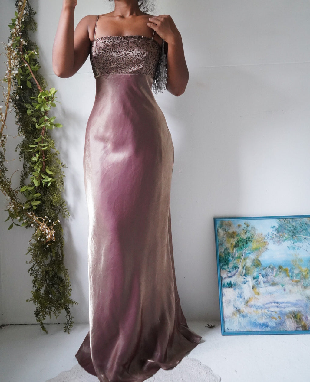 Y2K Iridescent Satin Beaded Bodice Gown