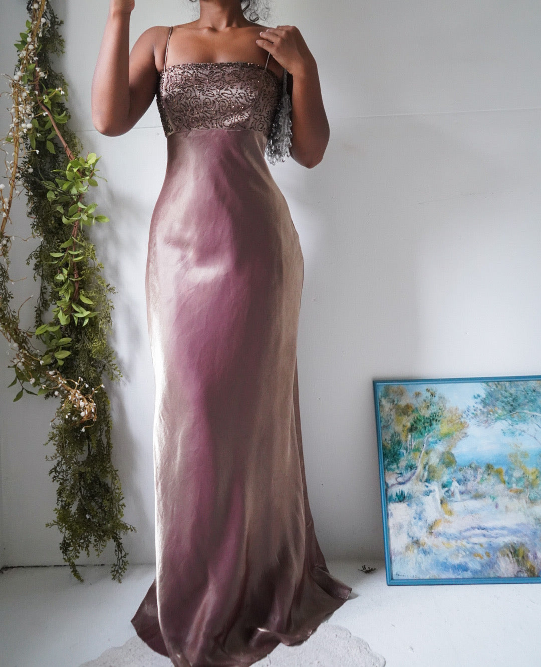 Y2K Iridescent Satin Beaded Bodice Gown