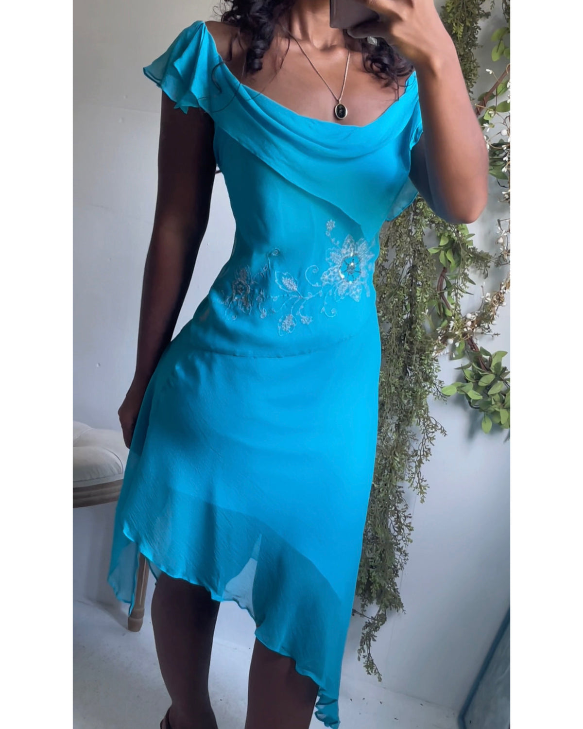 Y2K Turquoise Chiffon Off The Shoulder Fairy Dress