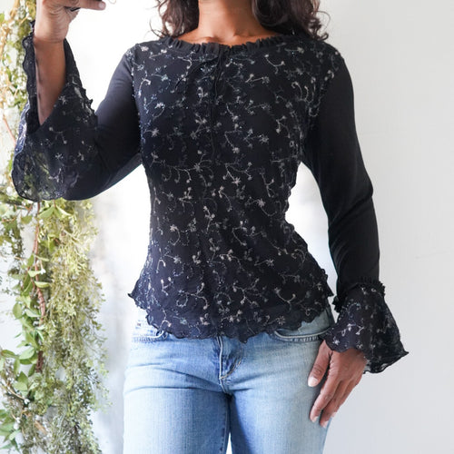 Y2K Black and Silver Embroidered Ruffle Sleeve Top