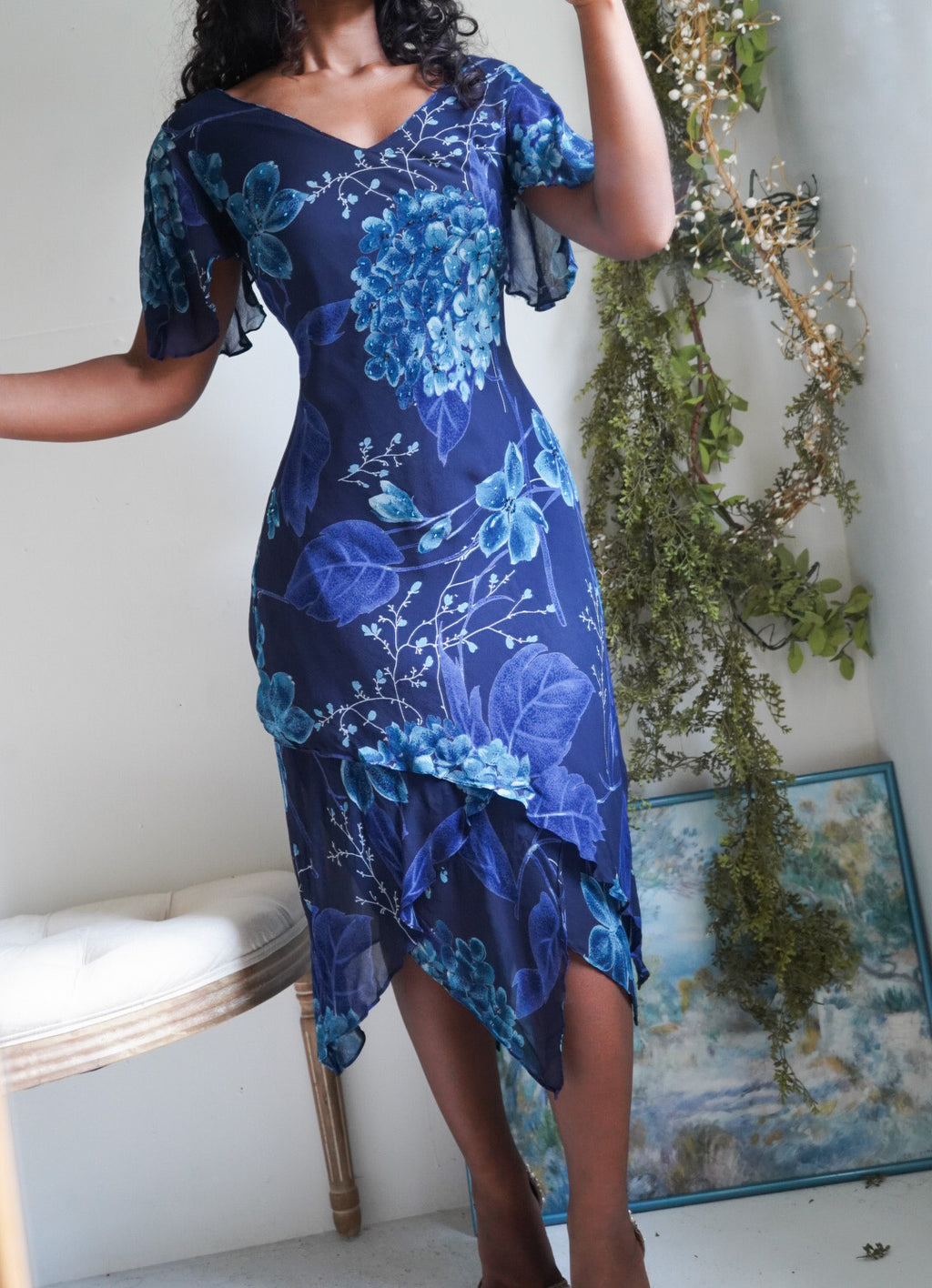 Y2K Blue Floral Beaded Fairy Dress