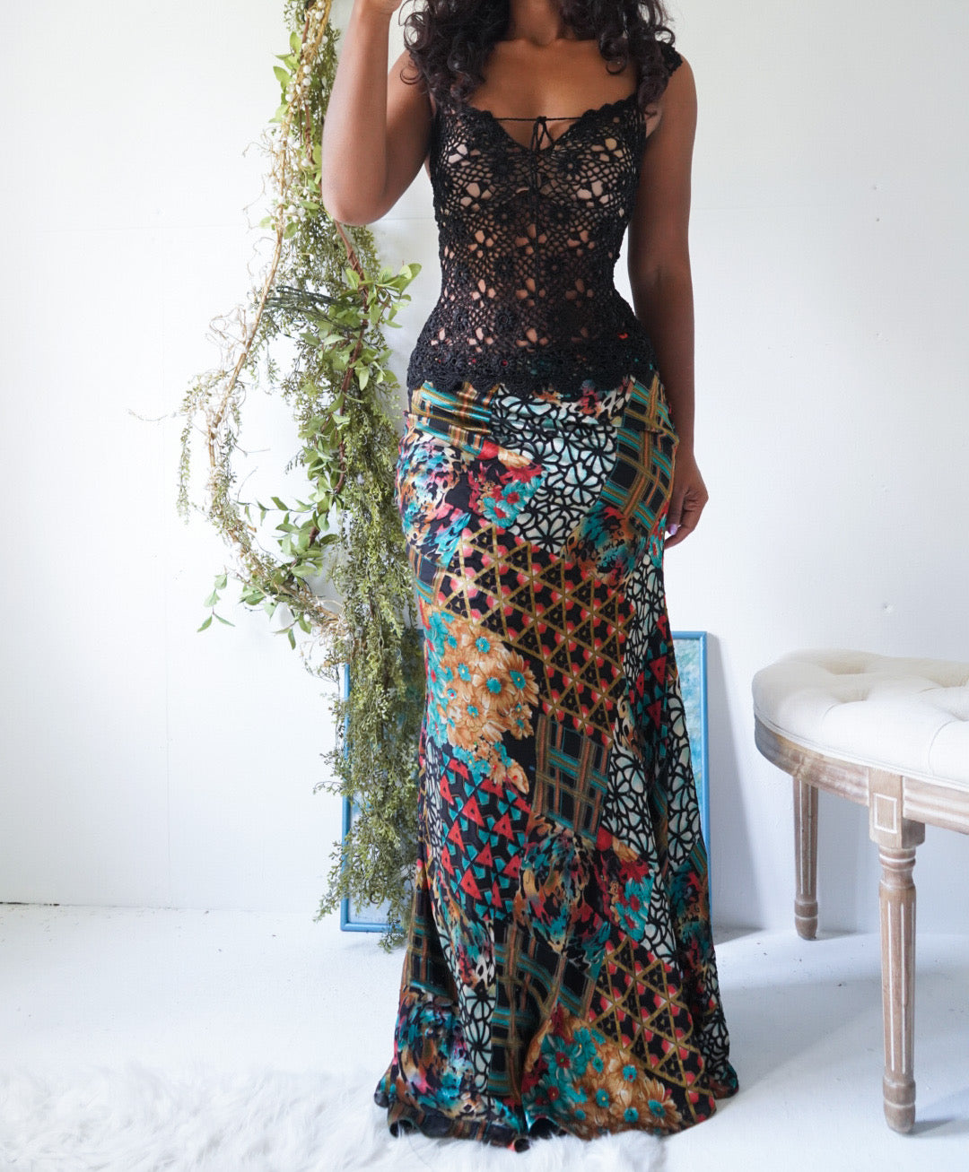 Y2K Colorful Boho Bead Detail Skirt