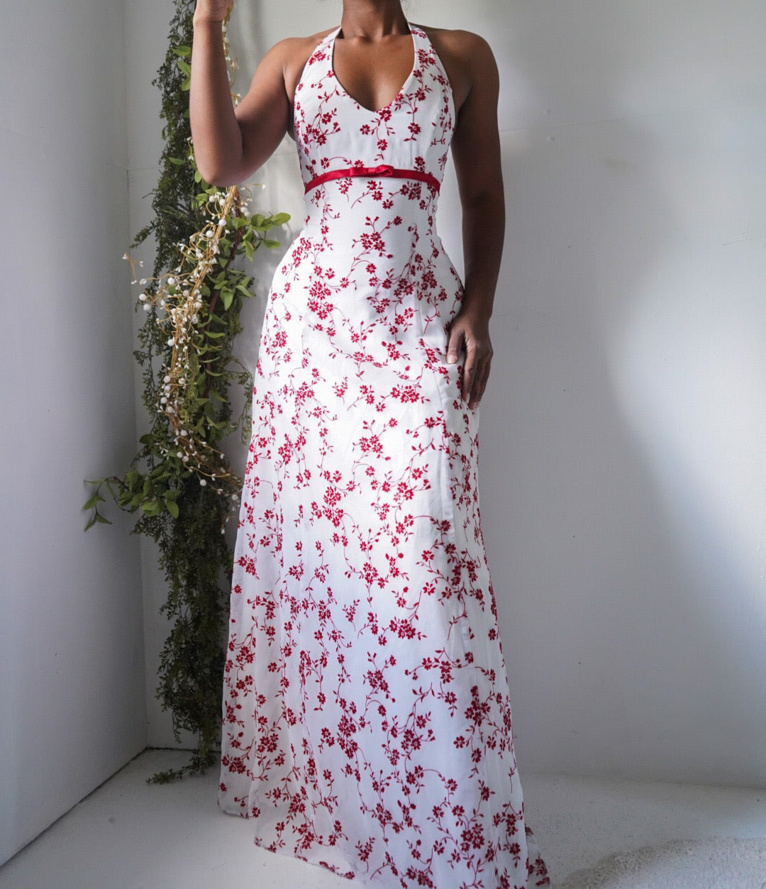 Rare Y2K Red and White Floral Halter Gown