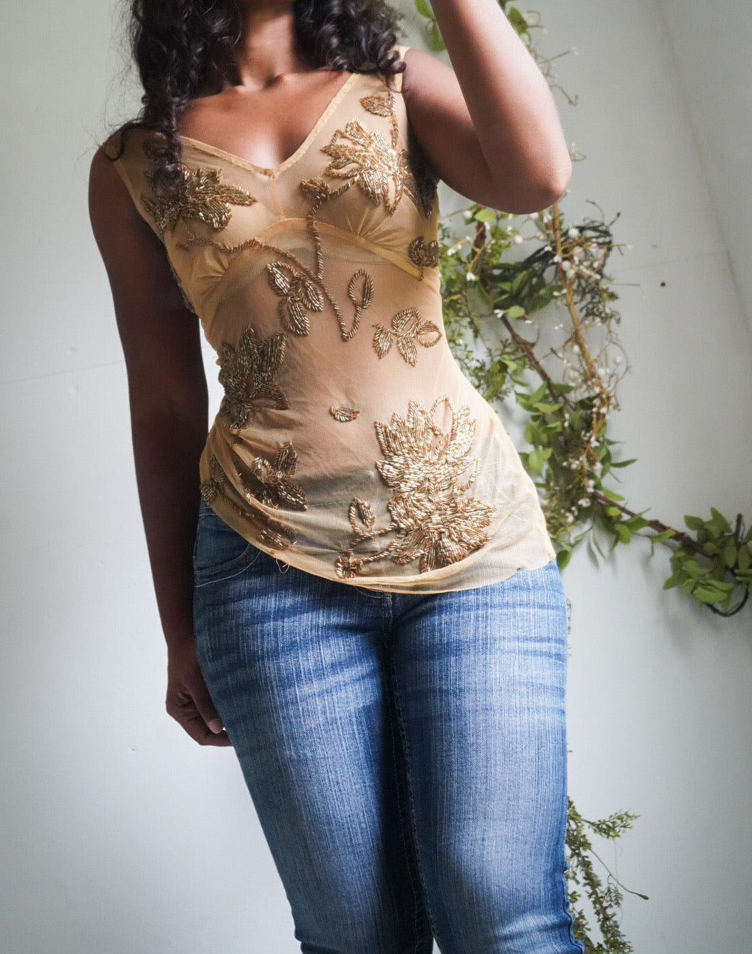 Y2K Tan Gold Beaded Mesh Top