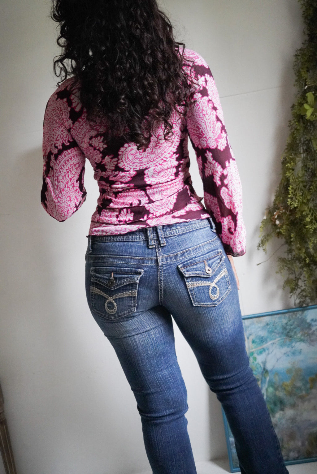 Y2K Purple Paisley Mesh Flare Sleeve Top