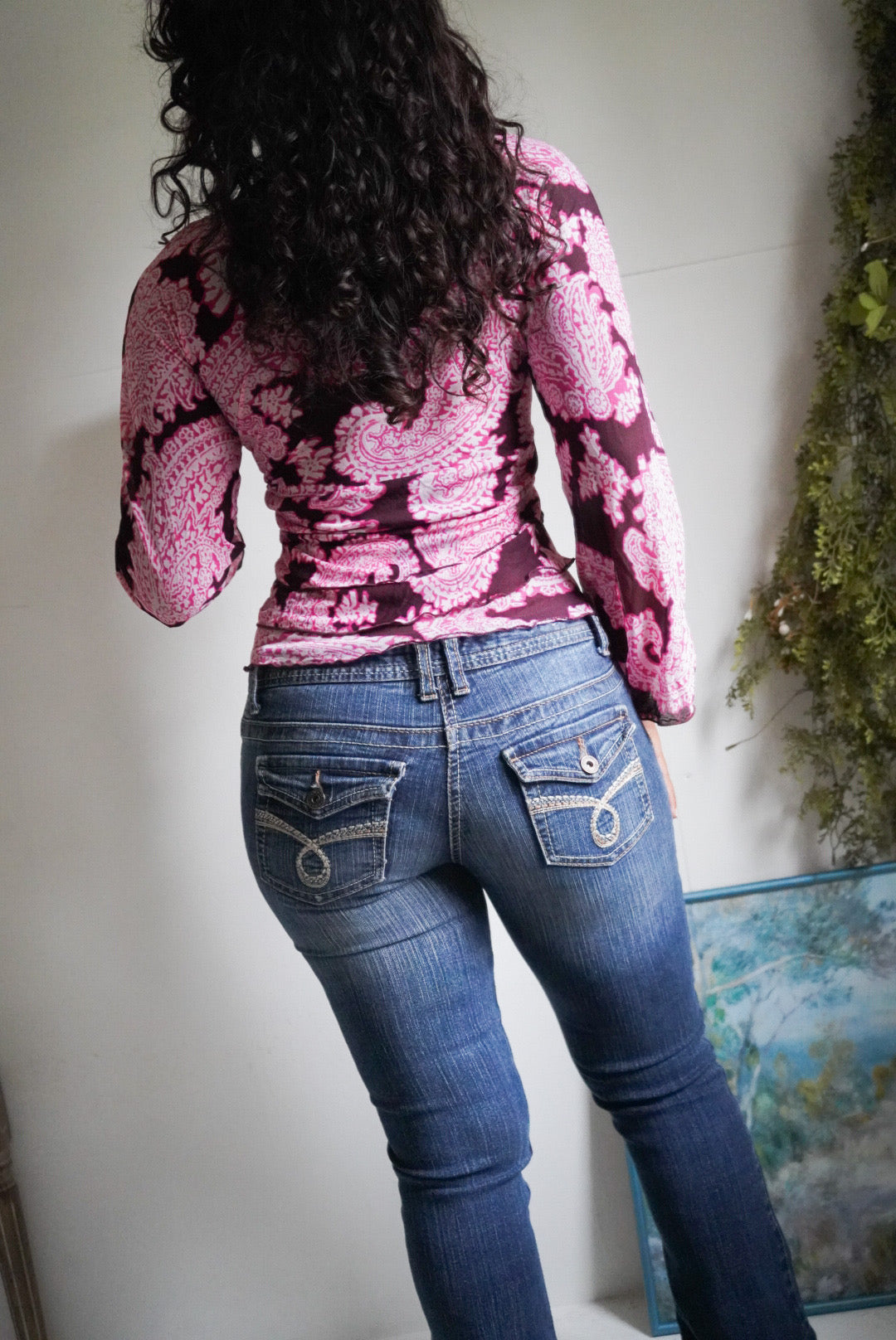 Y2K Purple Paisley Mesh Flare Sleeve Top