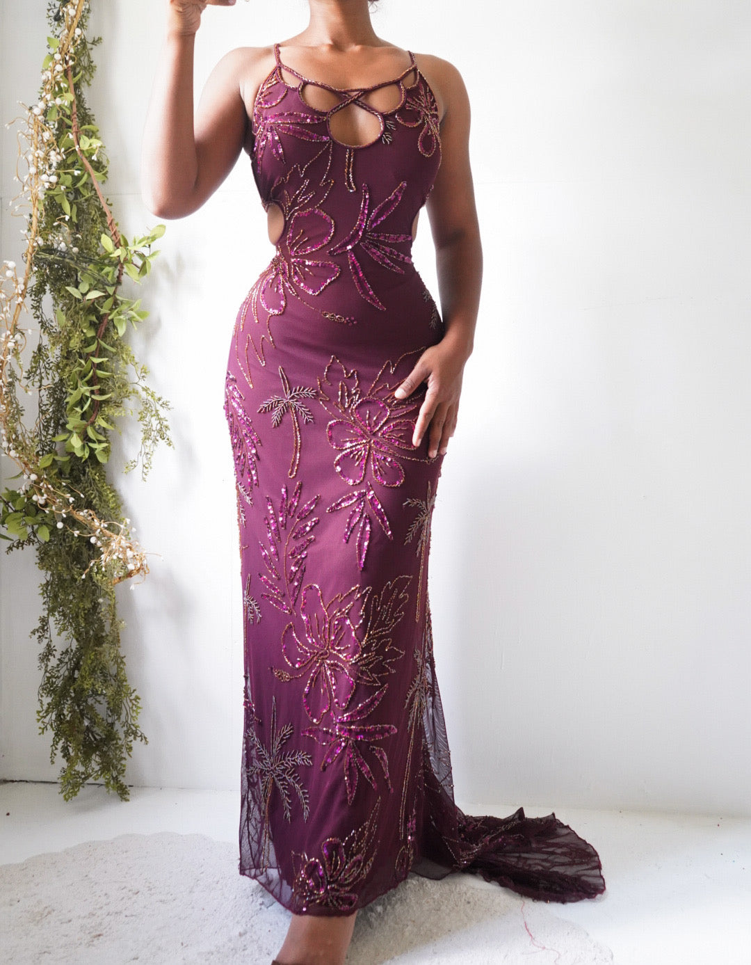 Rare Y2K Maroon Mesh Beaded Gown