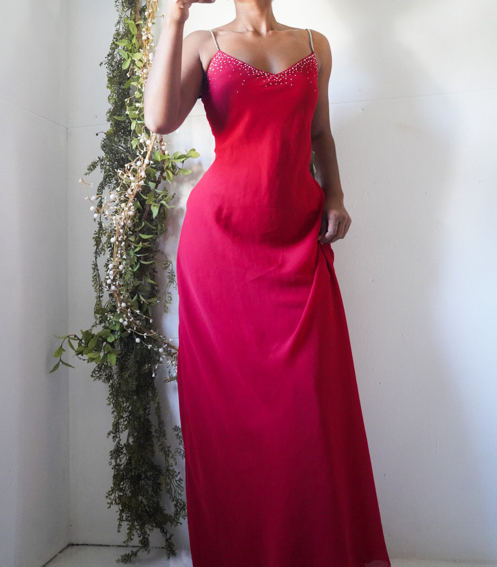 Y2K Red Rhinestone Detail Low Back Back Gown