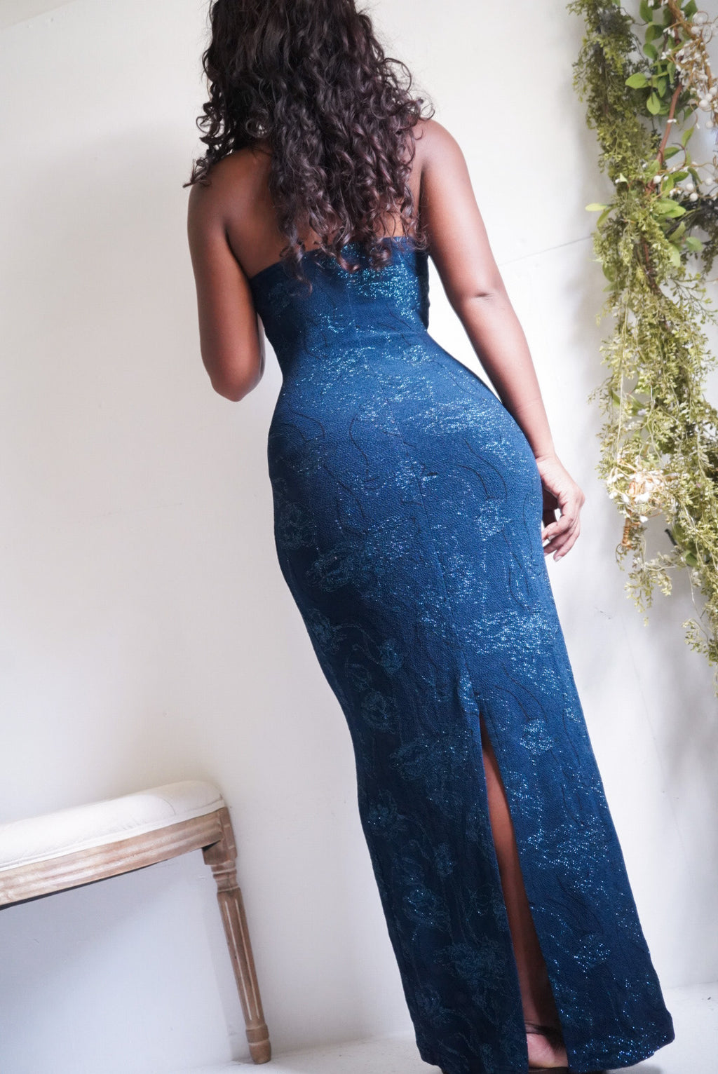 Y2K Deep Teal Halter Glitter Slinky Gown