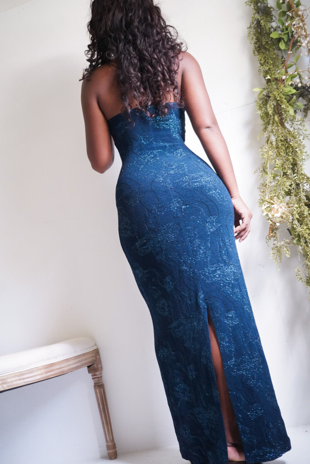 Y2K Deep Teal Halter Glitter Slinky Gown
