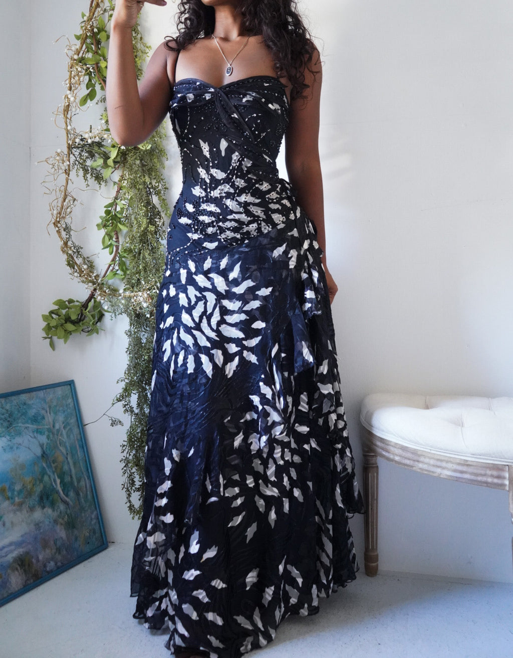 Y2K Monochrome Beaded Silk Burnout Gown