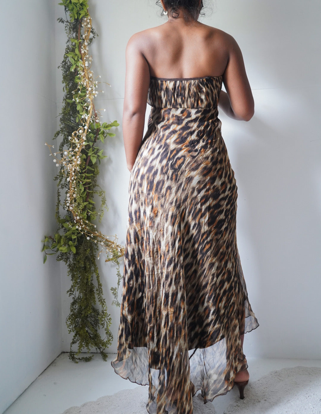 Vintage Y2K Silk Animal Print Strapless Dress