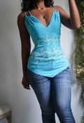 Y2K Turquoise Boho Print Hanky Hem Cami