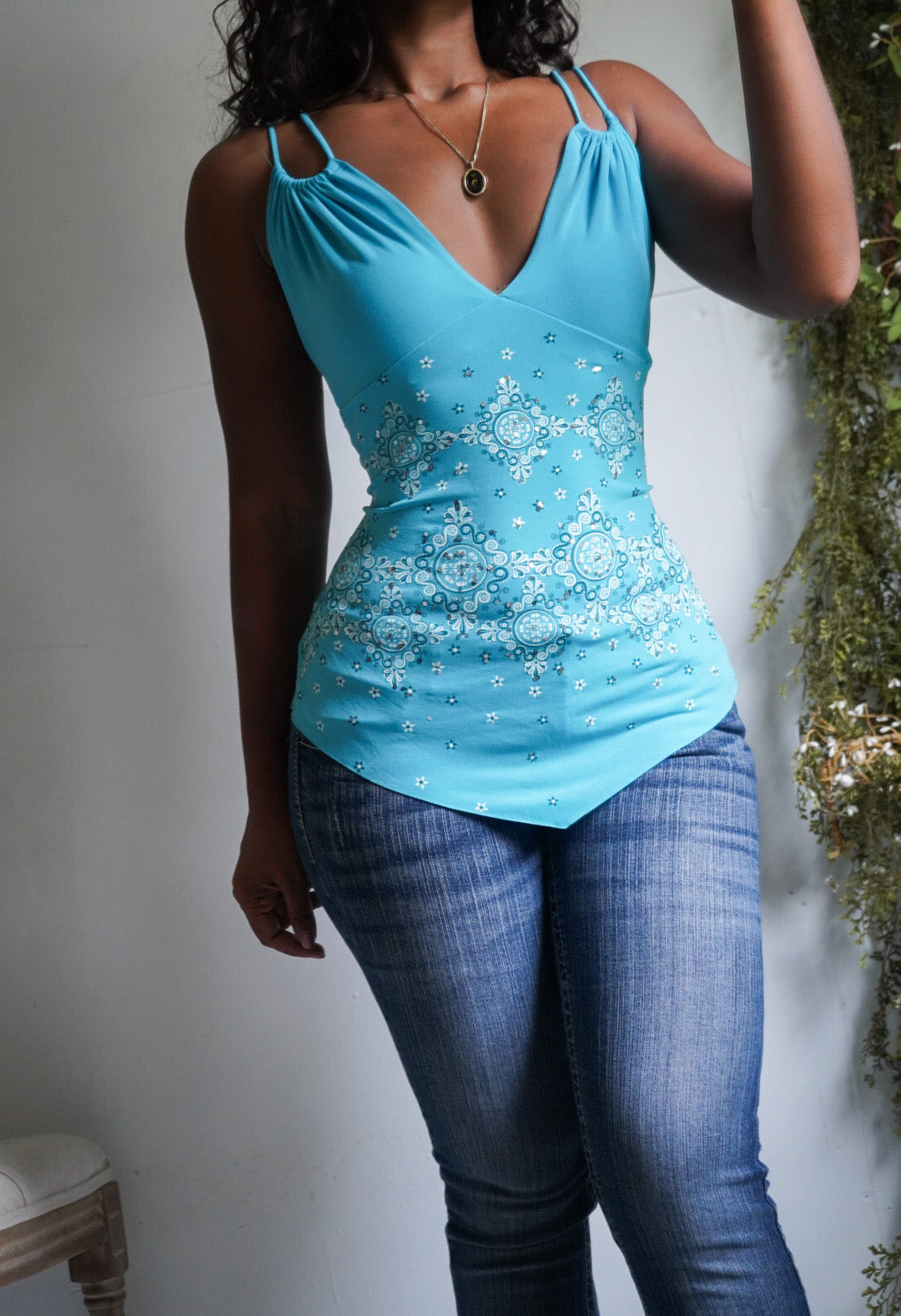 Y2K Turquoise Boho Print Hanky Hem Cami
