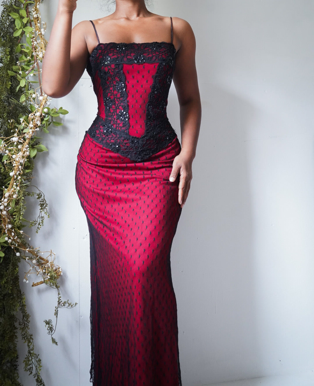 Vintage Y2K Red and Black Layered Lace Mesh Gown