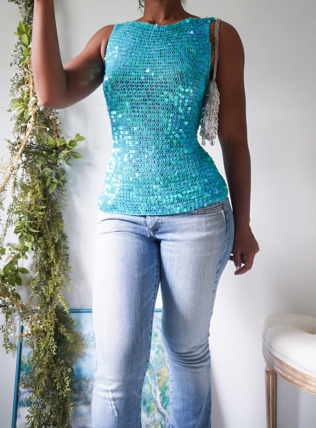 Y2K Teal Sequin Crochet Mermaid Tank