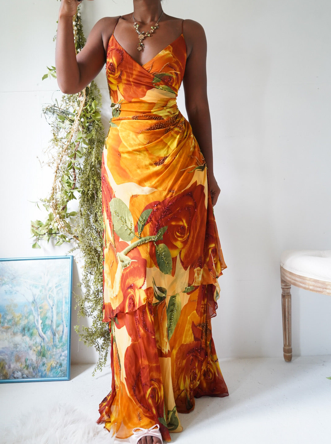 Vintage Y2K Autumn Rose Silk Beaded Gown