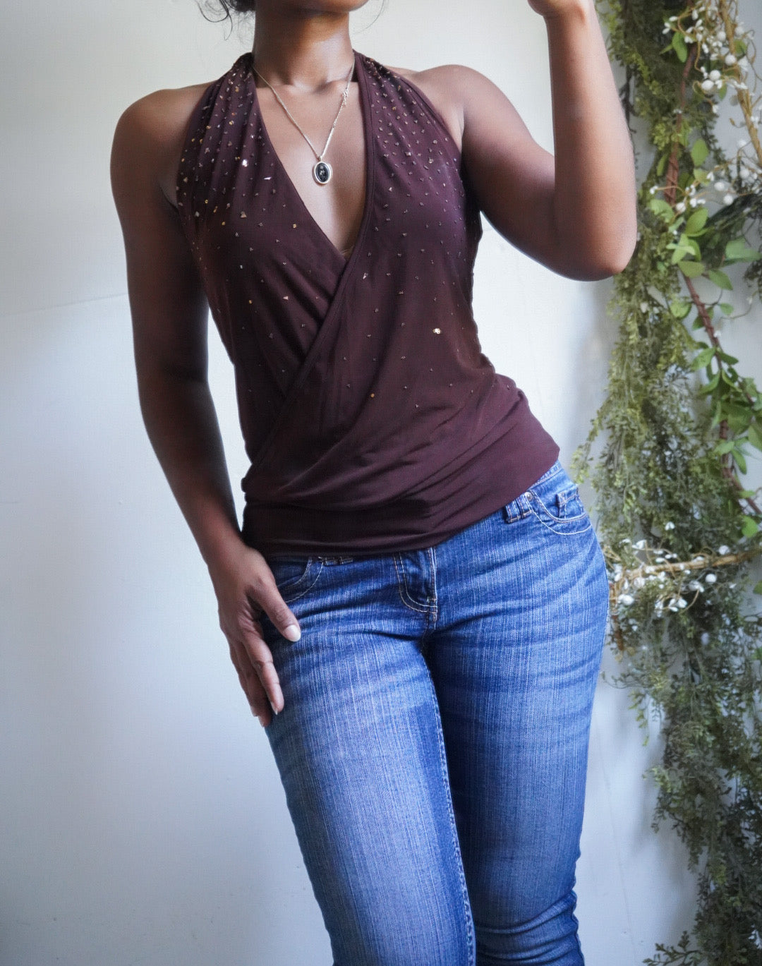 Y2K Brown Embellished Low Cut Halter Top