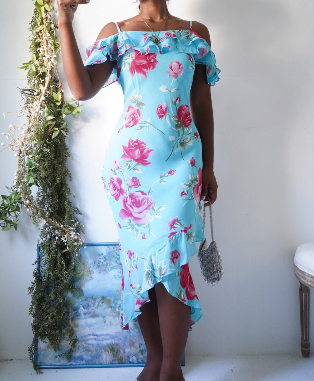Y2K Turquoise Rose Ruffle Midi Dress