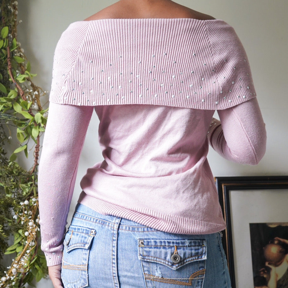 Light Pink Rhinestone Off Shoulder Sweater