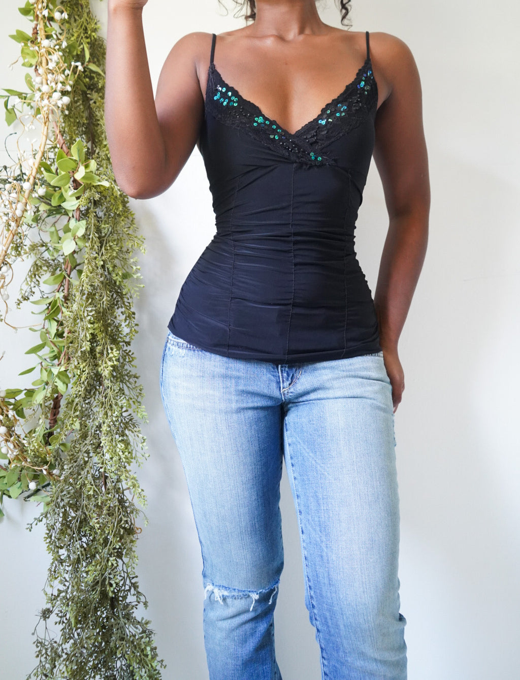 Y2K Staple Ruched Black Cami