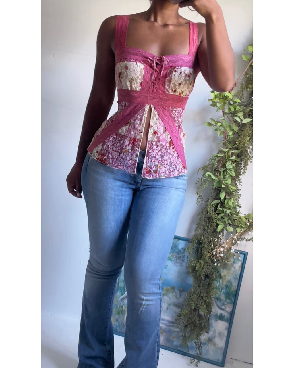 Y2K Patchwork Lace Split Front Cami