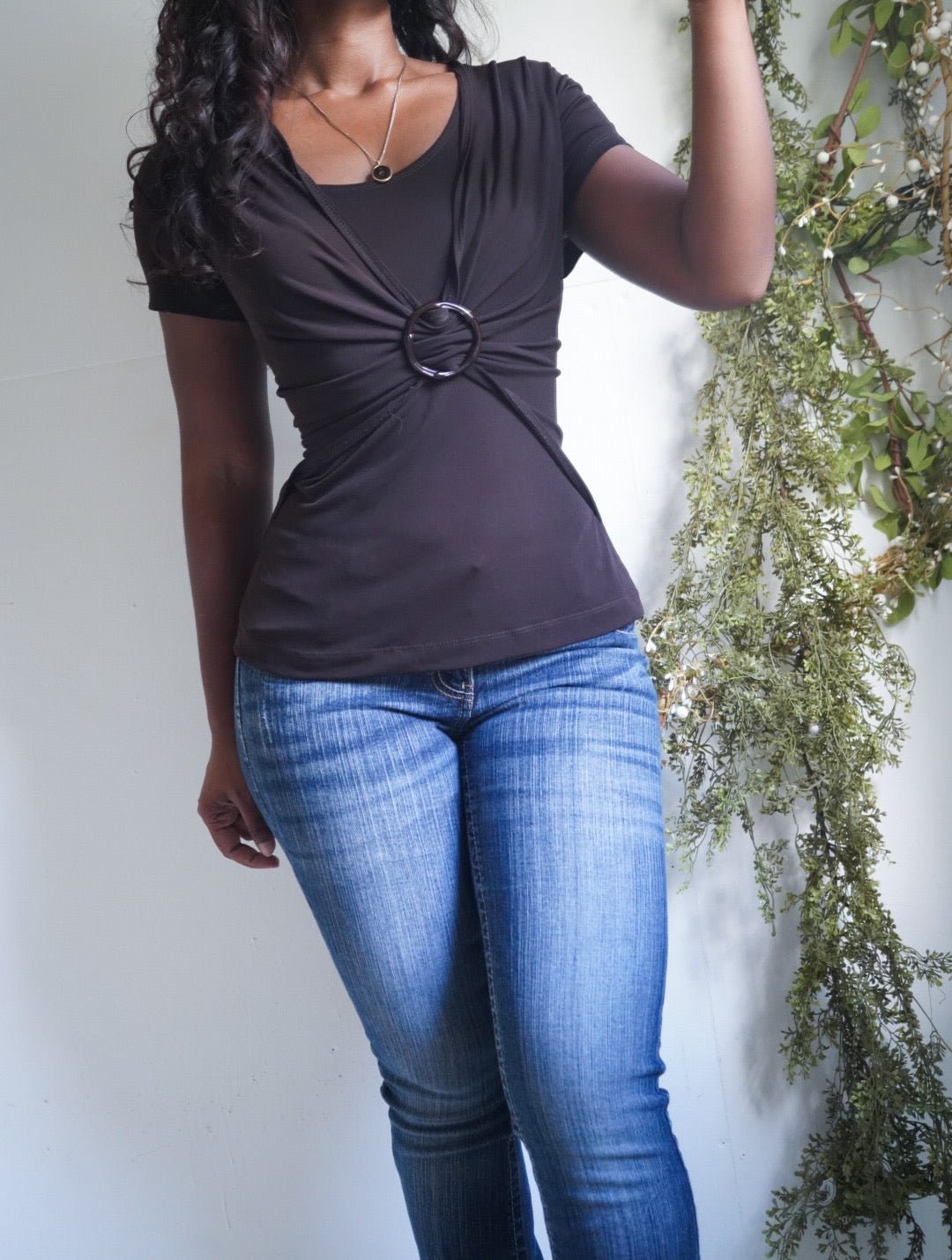 Y2K Dark Chocolate Buckle Detail Top
