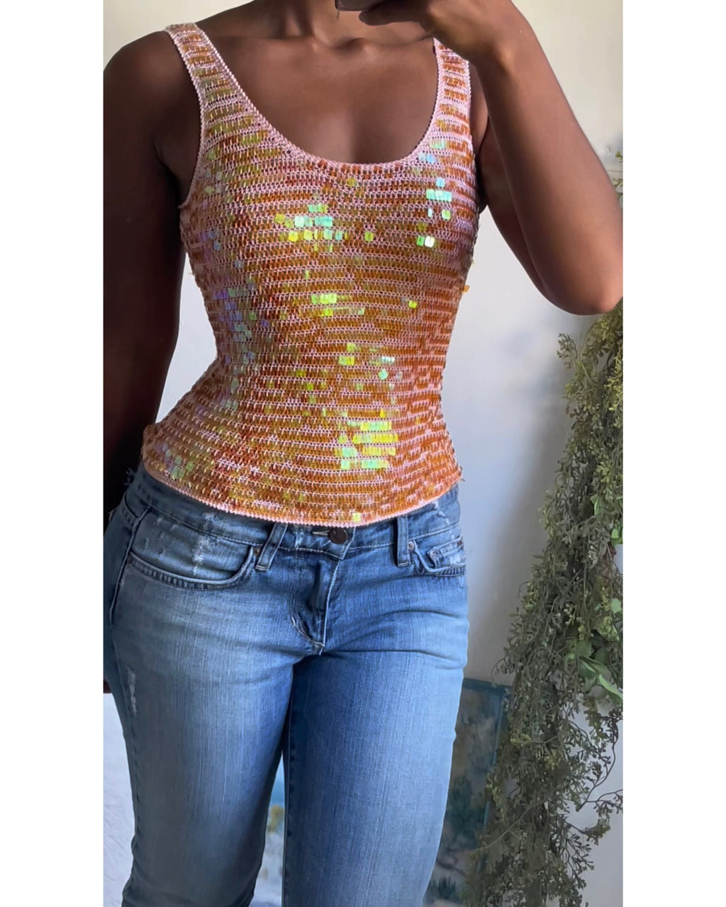 Y2K Iridescent Peach Sequin Crochet Tank