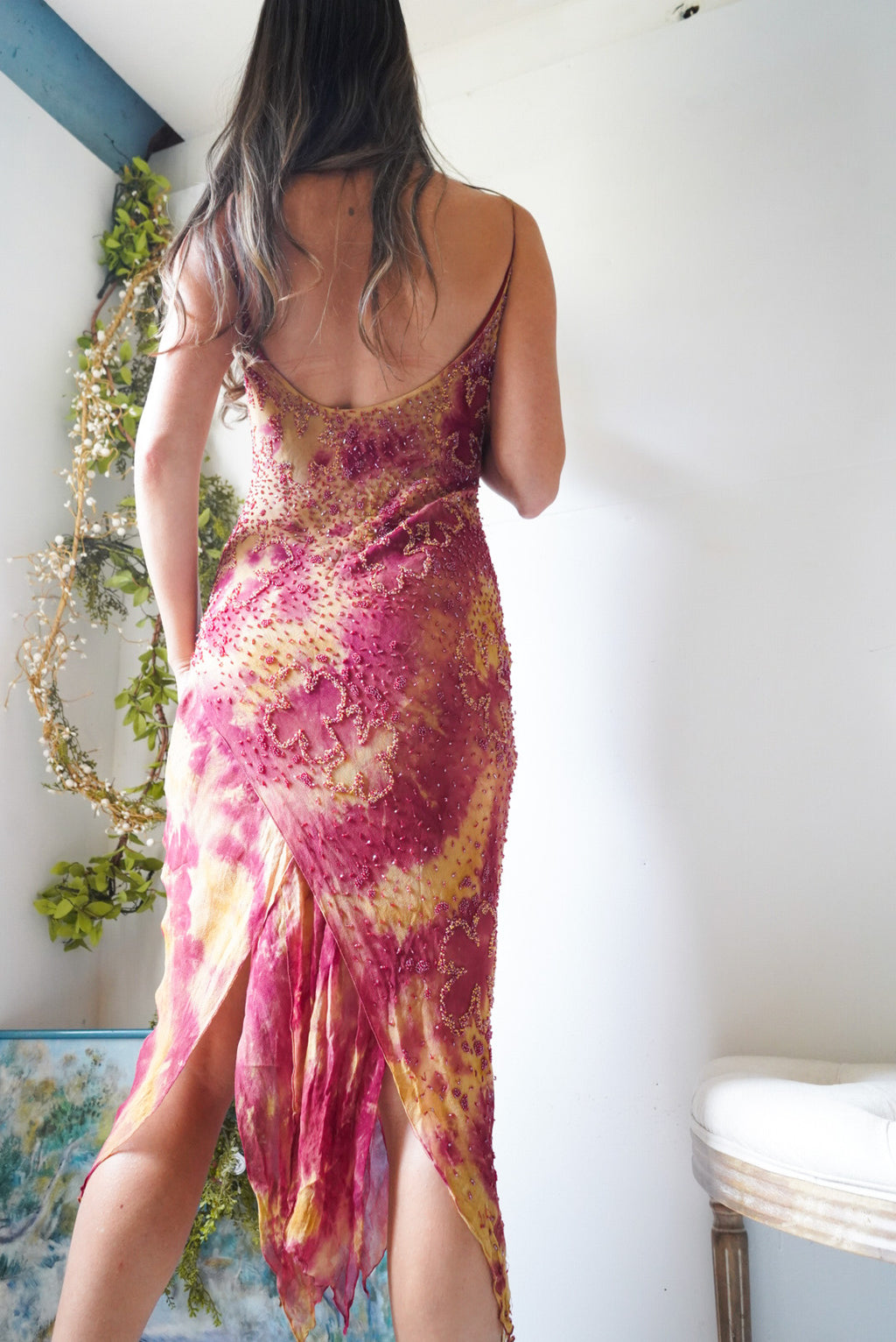 Y2K Silk Autumn Tie Dye Beaded Dress