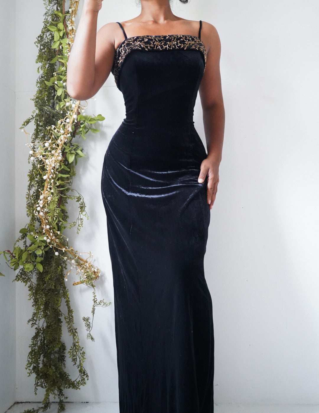 Vintage Y2K Black Velvet Beading Detail Gown