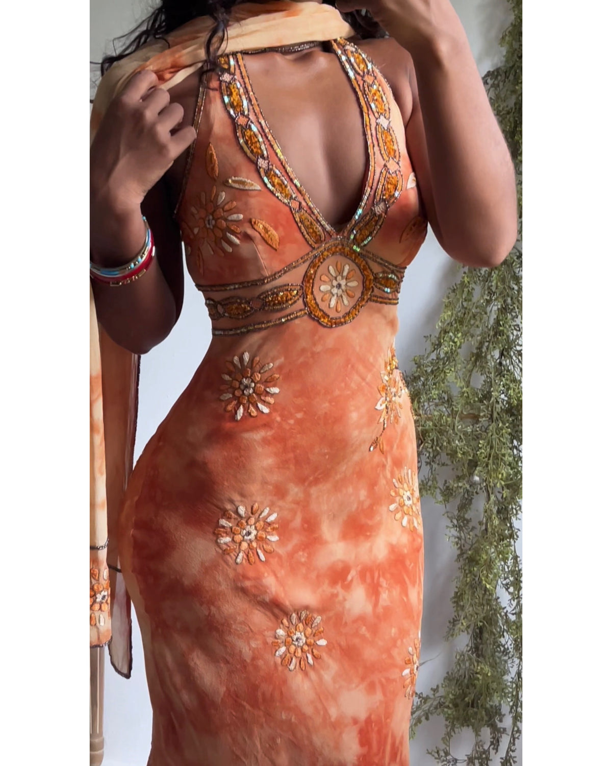 Rare Y2K Boho Silk Halter Tie Dye Beaded Dress