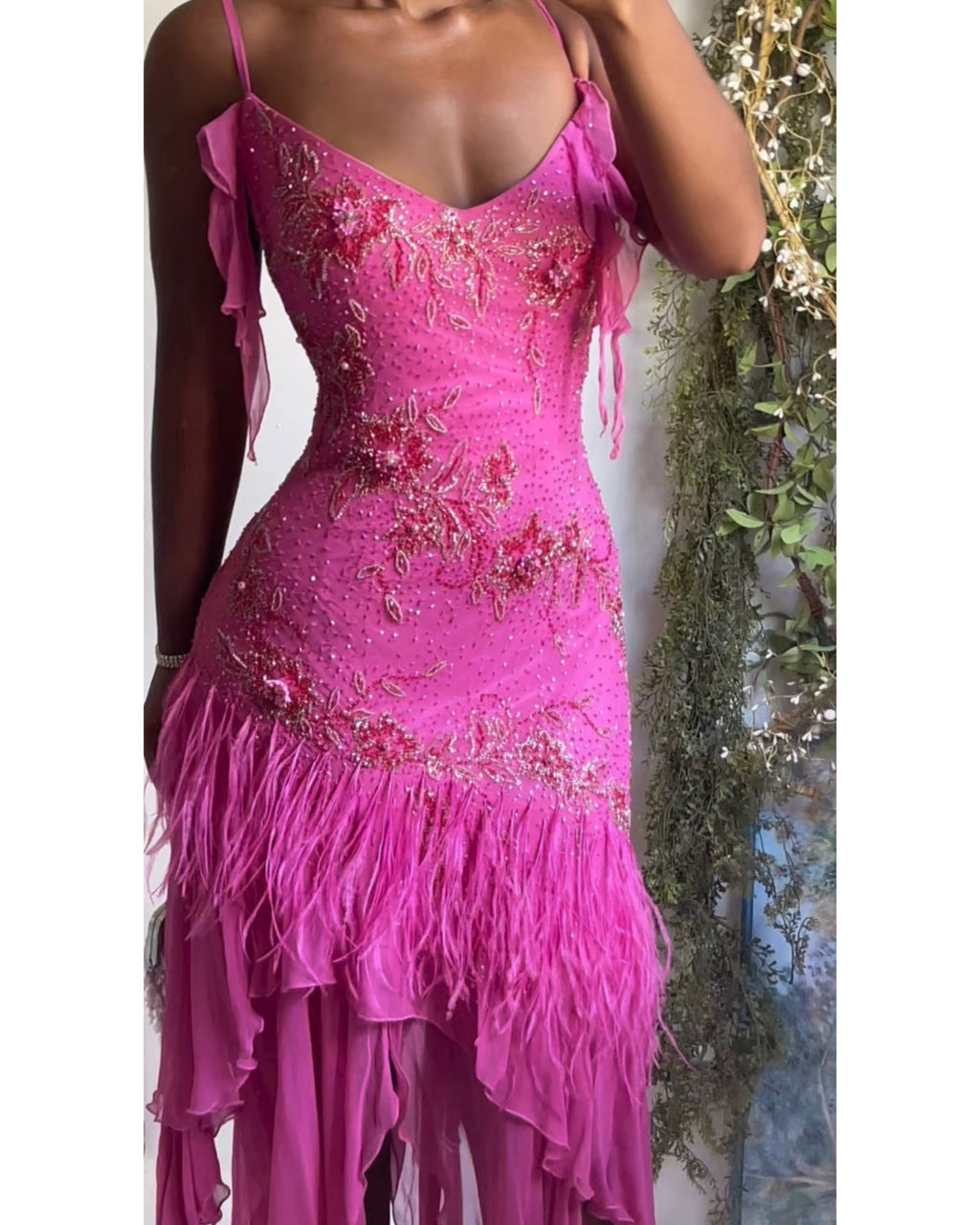 Rare Y2K Pink Beaded Silk And Feather Fairy Dress