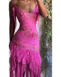 Rare Y2K Pink Beaded Silk And Feather Fairy Dress