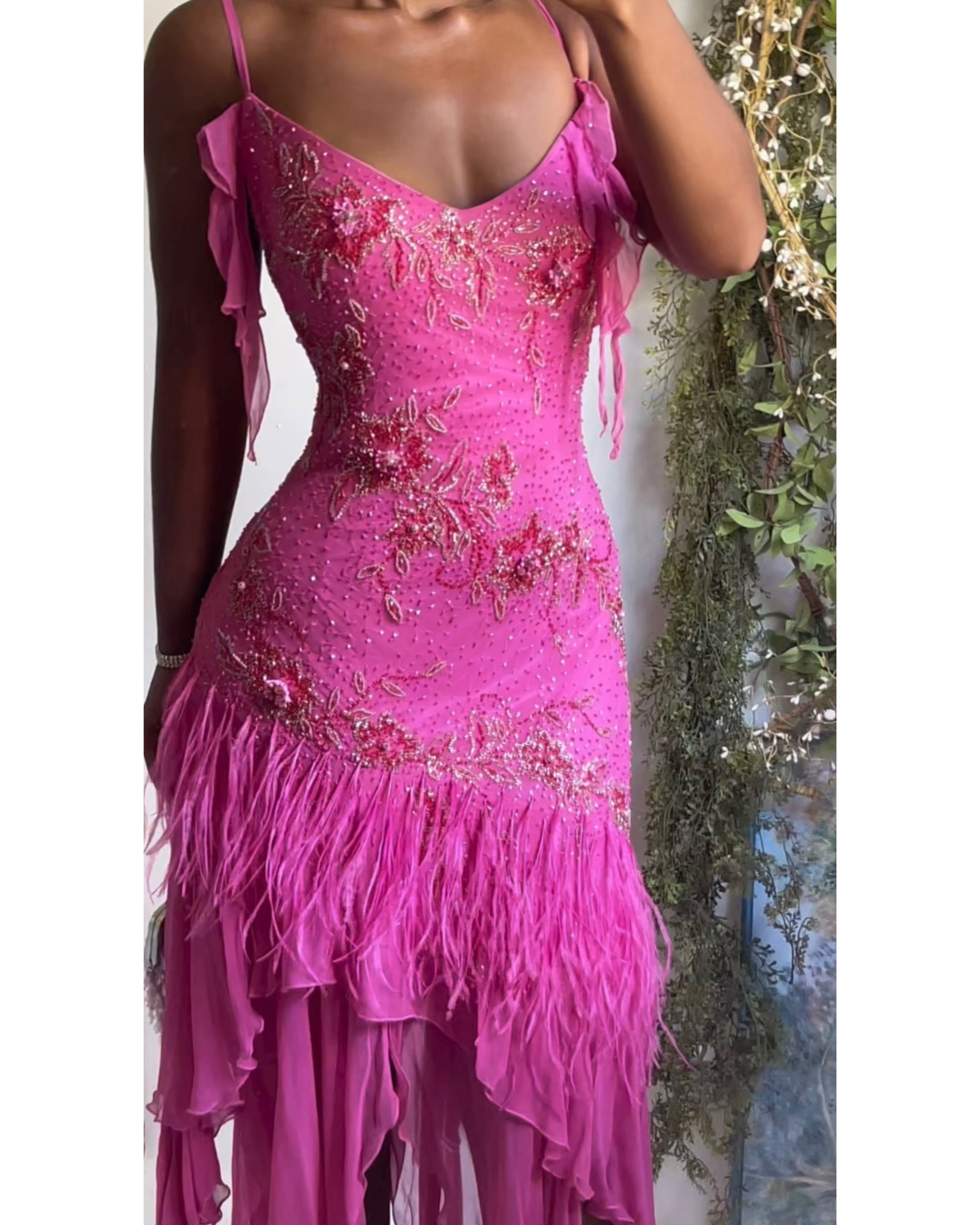 Rare Y2K Pink Beaded Silk And Feather Fairy Dress